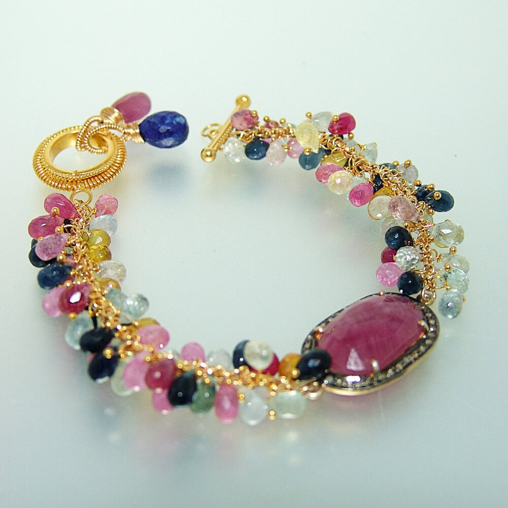 Sapphire Diamond Bezel Briolette Bracelet Vermeil Sterling Silver Toggle Clasp